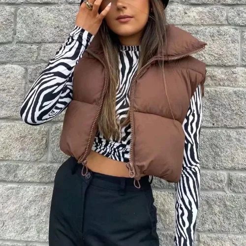 Vista 4 de KEOMUD - Chaleco corto acolchado de invierno para mujer, ligero, sin mangas, cálido, con relleno para exteriores