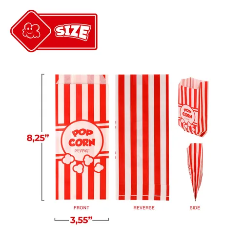 Vista 3 de Bolsas de papel para palomitas de maíz Poppy's - 1000 bolsas de 1 onza de grado de concesión, accesorios para máquina de palomitas para bares