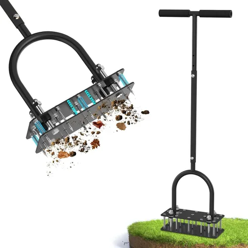 Vista 10 de GAINO Aireador manual para césped con 15 puntas, aireador ajustable de 32 a 35 pulgadas con mango en T para césped, diseño de expulsión automática