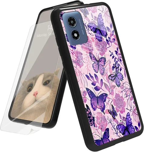 Vista 23 de Funda para Motorola Moto G Play 4G 2024 con protector de pantalla, parte trasera de vidrio templado + funda de silicona suave TPU absorción de Lobo