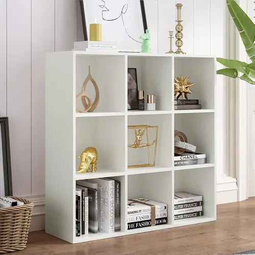 Vista 11 de OSCHF - Estantería de almacenamiento de 6 cubos, estantería de madera de 3 niveles con soporte en el suelo, estantería abierta para el hogar