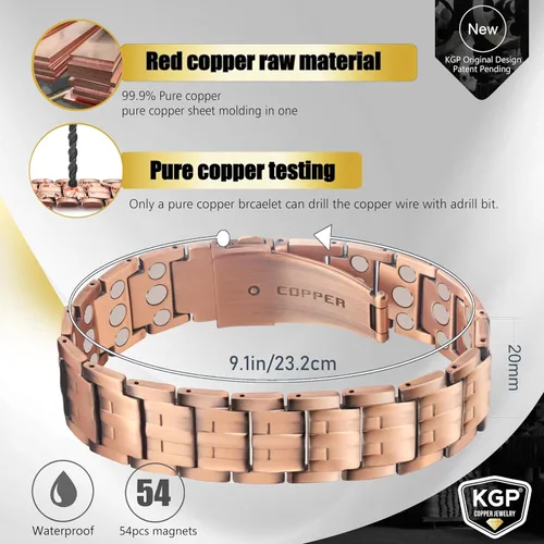 Vista 3 de KGP® 3 pulseras magnéticas de cobre con imanes de fuerza para hombre, ajustable, 99.99% de cobre puro, pulsera de terapia magnética con cierre