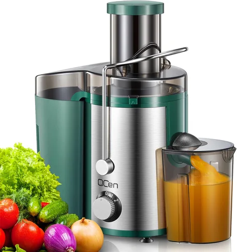 Vista 9 de QCen - Máquina exprimidora, extractor de jugo centrífugo de 500W con tolva de alimentación ancha de 7,62 cm para frutas y verduras, fácil de Verde