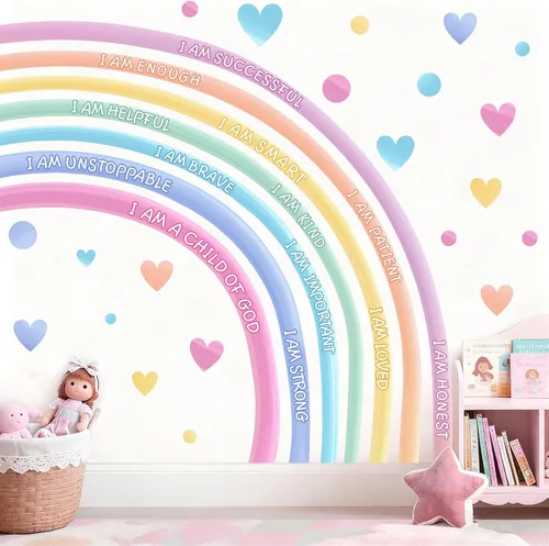 Vista 12 de Calcomanías de pared de acuarela arcoíris para despegar y pegar, eres calcomanías de paredes inspiradoras para guardería, decoración de pared