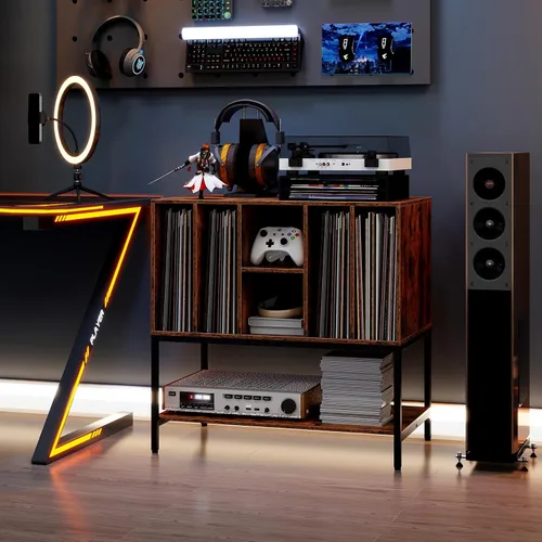 Vista 8 de Giantex Soporte para tocadiscos con estación de carga, soporte para tocadiscos con estantes de almacenamiento con capacidad para más de 150 álbumes