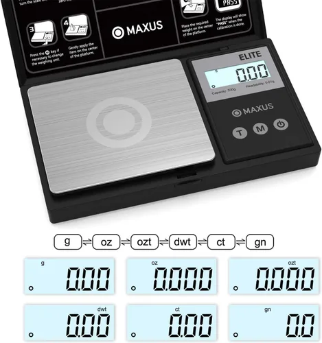 Vista 3 de MAXUS - Báscula de bolsillo digital de gramos 500 g x 0,01 g de alta precisión con bandeja, pesa alimentos pequeños, joyas, onzas, granos, pantalla