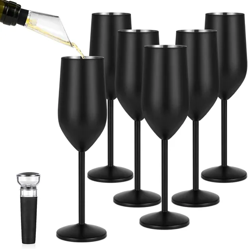 Vista 10 de Lifecapido Paquete de 2 copas de champán de acero inoxidable, copas de champán irrompibles de 8 onzas, elegantes copas de champán de acero Negro