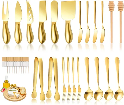 Vista 16 de Juego de cuchillos de queso plateado para accesorios de tabla de charcutería, cortador de queso de acero inoxidable y cuchillos esparcidores