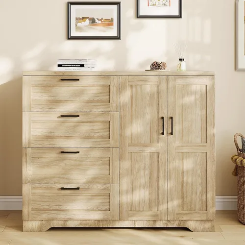 Vista 9 de GarveeHome Cómoda de madera multifuncional para dormitorio, 43.3 pulgadas de alto, armario ropero de 2 puertas con 4 cajones y barra para colgar