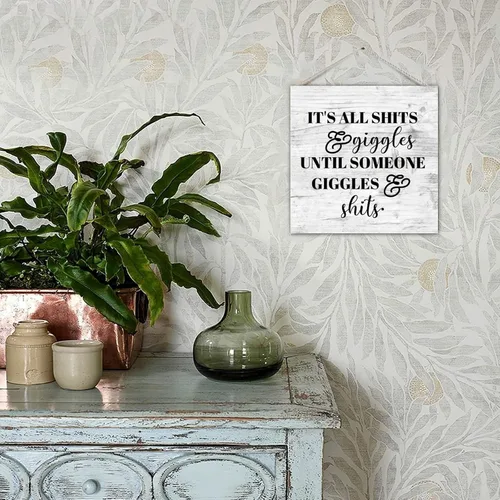 Vista 6 de Divertido letrero de paleta de baño con texto en inglés "It's All Shits Giggles Until Someone Giggles Shits Shits Old Fashioned Wood Wall Hanging