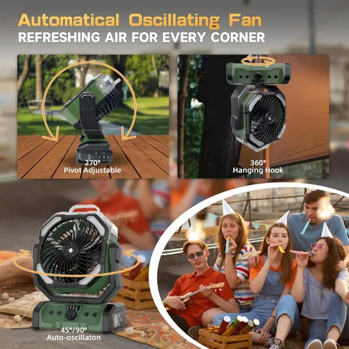Vista 4 de Ventilador de camping portátil recargable, ventilador inalámbrico de 20000 mAh con linterna LED, ventilador de campamento recargable con control