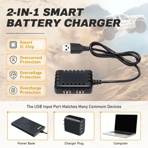 Vista 8 de Batería de iones de litio de 7.4 V 3300 mAh RC de alta capacidad con enchufe SM-2P 2S recargable con 1 a 2 cargador USB apto para camiones MN WPL RC