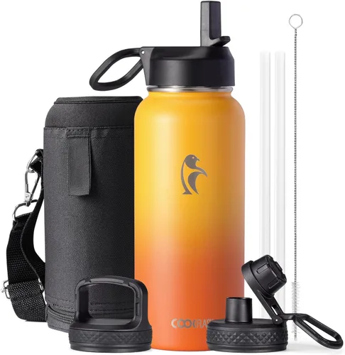 Vista 68 de Coolflask - Botella de agua de 64 onzas aislada, con popote y 3 tapas, de acero inoxidable con boca ancha, libre de BPA, mantiene las bebidas frías