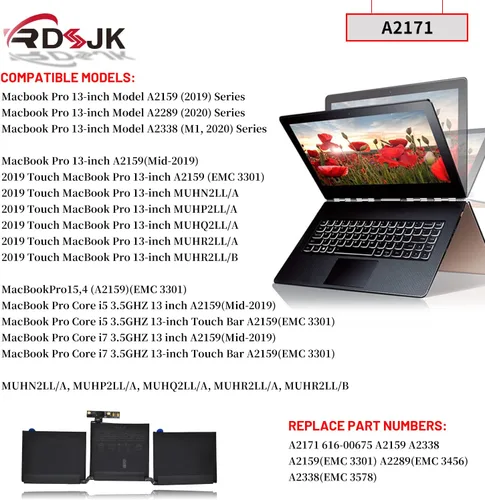 Vista 3 de A2171 - Batería para portátil MacBook Pro de 13 pulgadas A2159 (EMC 3301) (mediados de 2019) A2289 A2338 MUHN2LL/A MUHP2LL/A MUHR2LL/B MacBook Pro