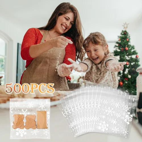 Vista 5 de Yinder 500 bolsas de invierno para galletas de invierno, bolsa de celofán con copos de nieve, bolsa de dulces autoadhesiva para suministros de Blanco