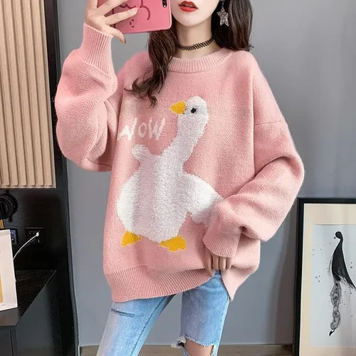 Vista 5 de Y2K Grunge - Sudadera de gran tamaño Kawaii con patito de manga larga, sin botones, estética, Harajuku, ropa de punto