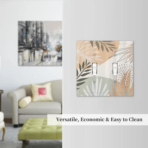 Vista 7 de Placa de interruptor de luz de 2 cuadrillas con hoja verde bohemia de mediados de siglo, diseño bohemio tropical de doble palanca, placa frontal