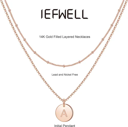 Vista 6 de IEFWELL - Collares con inicial para mujer, oro blanco y oro rosa, grabado de doble cara, dije de moneda martillada, collares escalonados