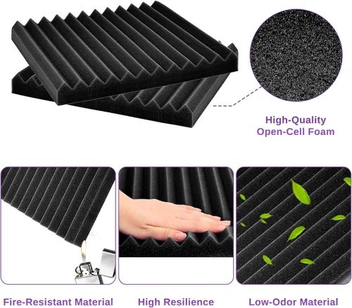 Vista 4 de Paquete de 52 paneles de espuma acústica de 1 x 12 x 12 pulgadas, paneles de pared de espuma acústica de absorción de sonido (negro/azul)
