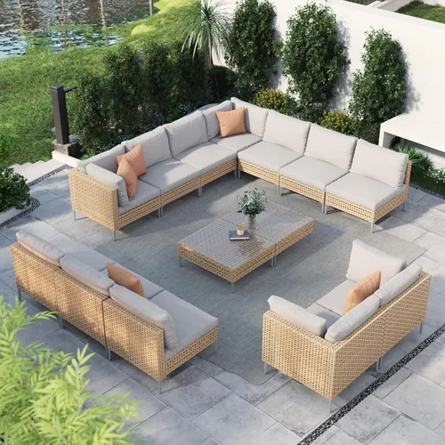 Vista 11 de Grand patio Juego de muebles de mimbre de patio de 3 piezas, juego seccional de sofá de conversación para exteriores estilo boho con cojines gruesos