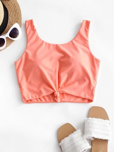 Vista 5 de ZAFUL Women's Front Knot Bikini Tops Crop Tankini Top Scoop Neck Padded Bathing Suit Tops