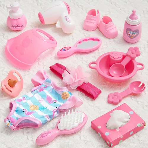 Vista 6 de Golray Juego de cochecito de bebé para niña con muñeca de bebé de 12 pulgadas y 17 piezas de accesorios para muñecas de bebé, bolso/ropa, sombrilla