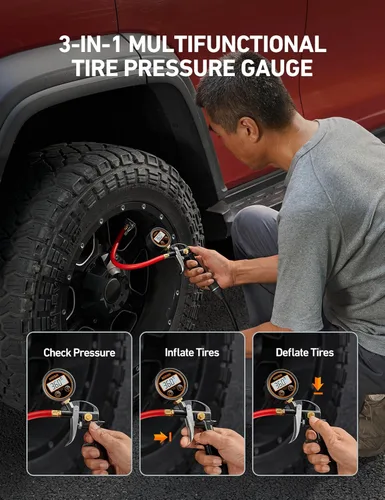 Vista 6 de AstroAI T1 Medidor de presión digital de neumáticos con inflador, portabrocas de aire de 3-250 PSI con manómetro, resistente con acoplador