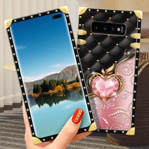Vista 4 de Compatible con Samsung Galaxy S10 Plus, J Pink Diamonds Golden Hearts Lujo Elegante TPU suave a prueba de golpes Carcasa protectora de metal