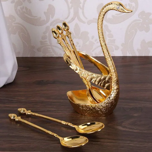 Vista 4 de Kit de cuchara de café con soporte en forma de cisne de aleación de zinc y 6 cucharas de café de acero inoxidable, juego de cucharas de comida