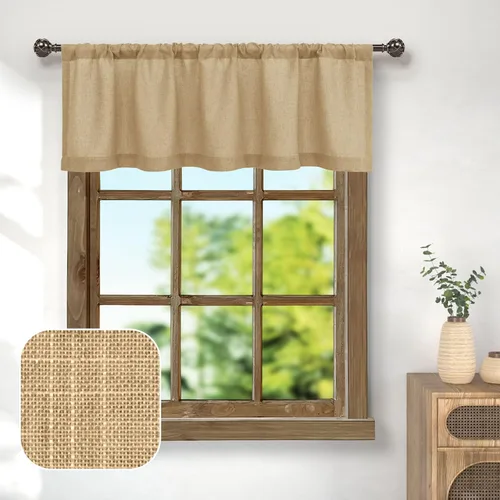Vista 14 de Cenefa de ventana de lino natural para cocina con bolsillo para barra de 3 pulgadas; cenefa semitraslúcida para filtrar la luz estilo bohemio