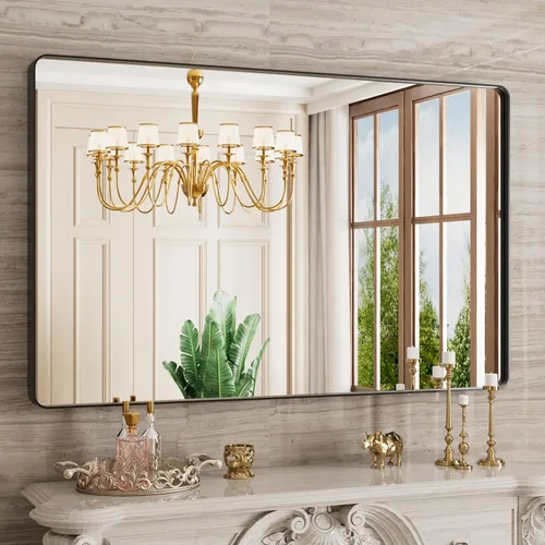 Vista 94 de JISOSO - Espejo de baño negro de 20x30 pulgadas con marco de metal negro, espejo de tocador rectangular redondeado con acabado mate para pared