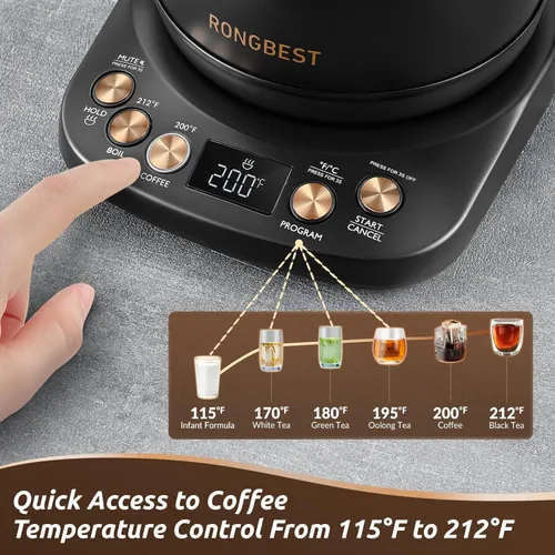 Vista 3 de RONGBEST Hervidor eléctrico de cuello de cisne de 1 litro, 6 presets de control de temperatura, 1200 W de calentamiento rápido de agua para verter