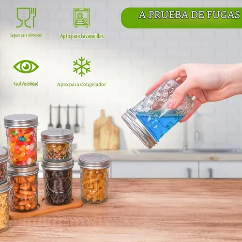 Vista 5 de Tarro Mason de 4 onzas con tapas herméticas, paquete de 20 tarros Mason pequeños de vidrio de boca ancha, mini tarro de vidrio para conservas