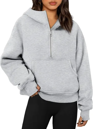 Trendy Queen Sudaderas con capucha para mujer, con cremallera de un cuarto, sudaderas de gran tamaño, media cremallera con bolsillos, ropa de otoño
