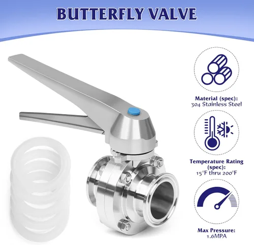 Vista 2 de Válvula de mariposa de tres abrazaderas de 1 pulgada de acero inoxidable sanitario 304 con mango de gatillo Tri Clamp Válvula de mariposa