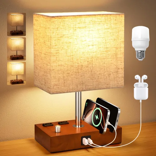 Vista 18 de Kakanuo Lámpara de mesita de noche totalmente regulable para dormitorio con puertos USB C, lámpara de mesita de noche pequeña gris con salidas