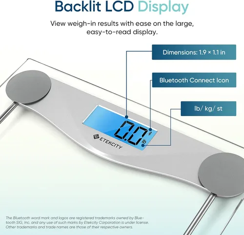 Vista 4 de Etekcity Báscula de baño para peso corporal e IMC, báscula digital Bluetooth mejorada, pantalla de retroiluminación LCD azul grande, medidas de alta
