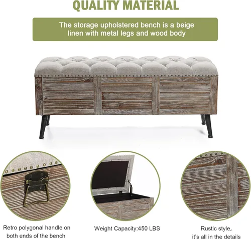 Vista 6 de LuxenHome - Banco de almacenamiento para el extremo de la cama, banco largo tapizado de madera de 47 pulgadas con almacenamiento, reposapiés beige