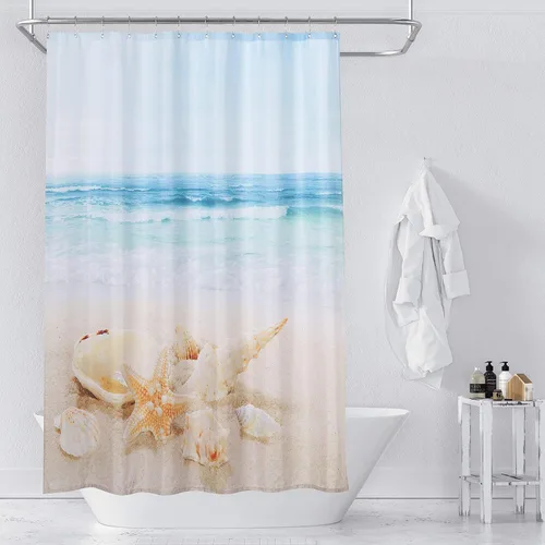Beda Home - Cortina de ducha con temática de playa, conchas marinas y estrellas de mar amarillas, diseño de océano, tela impermeable lavable a