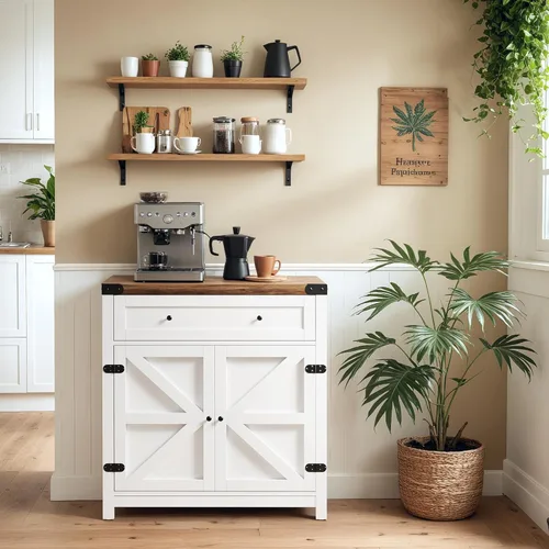 Vista 14 de YESHOMY Gabinete de Barra de Café y Acento, Aparador de Buffet de Granja con Puerta de Granero, Cajón y Estante Ajustable, Escritorio Ancho