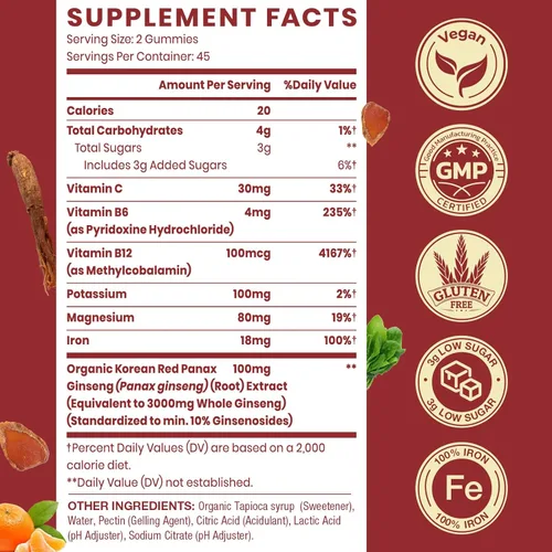 Vista 5 de Sapotax Gomitas de suplemento de Panax Ginseng rojo coreano, suplementos de hierro para mujeres y hombres, gomitas de hierro con vitamina C, B6