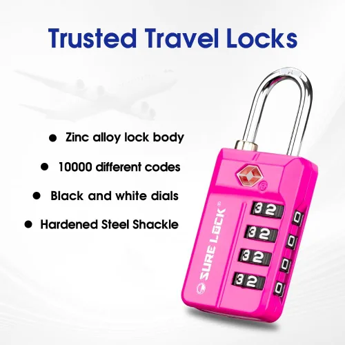 Vista 3 de SURE LOCK Cerradura de combinación reiniciable de 4 dígitos aprobada por la TSA con alerta abierta, diales de fácil lectura, para equipaje