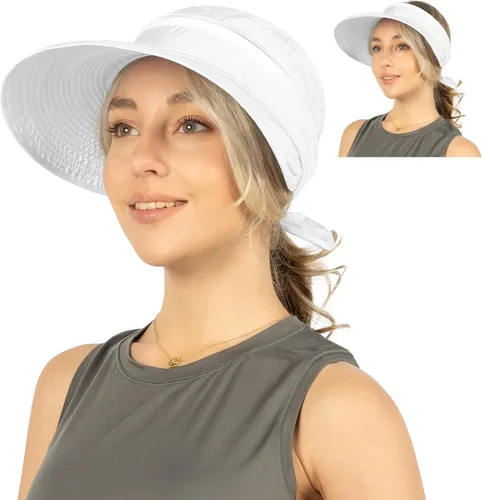 Vista 46 de SUN CUBE Sombrero de sol para mujer para protección UV al aire libre, sombrero de sol de ala ancha, cola de caballo, sombrero de playa convertible