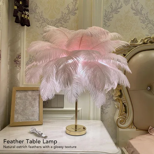 Vista 2 de GOWENIC Lámparas de mesa inalámbricas, luz de escritorio con control táctil, lámpara de noche LED recargable, luz nocturna de plumas de avestruz
