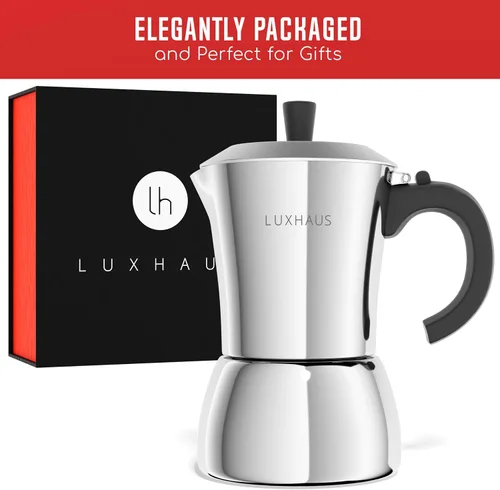 Vista 2 de LuxHaus Moka Pot - Cafetera espresso para estufa de 3 tazas, cafetera italiana y cubana de acero inoxidable 100% moca