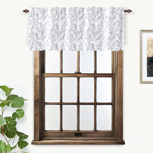 Vista 5 de DriftAway Cenefas opacas de 18 pulgadas gris y blanco para ventanas, dormitorio, sala de estar, bolsillo para cortinero, árbol de granja, rama