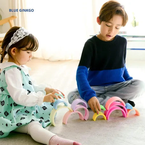 Vista 4 de BLUE GINKGO - Rompecabezas de silicona de arcoíris apilables - Rompecabezas de anidación arcoíris Montessori Juguete de apilar para niños y niños