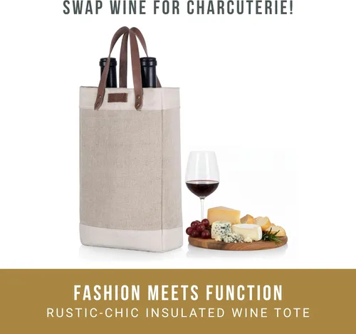 Vista 5 de LEGACY - una marca de Picnic Time - Bolsa de vino aislada de yute Pinot para 2 botellas - Bolsa de vino - Bolsa de regalo de vino, (Beige)