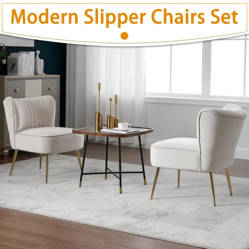 Vista 3 de ABET Juego de 2 sillas decorativas, sillas de terciopelo sin brazos para sala de estar con respaldo de ala copetuda y patas de metal dorado, cómodas