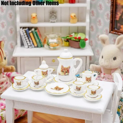 Vista 6 de Odoria Juego de té de porcelana en miniatura 1/12, 15 piezas, accesorios de decoración de casa de muñecas, gato